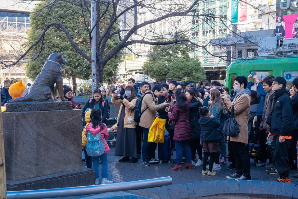 Shibuya İstasyonu önündeki bronz Hachikō köpek heykeli
