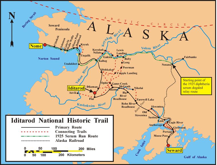 Alaska haritası üzerinde Seward'dan Nome'a uzanan iz