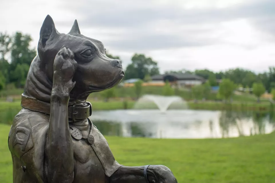 Granit kaide üzerinde arka ayakları üstünde oturup sağ patisiyle selam veren bronz köpek heykeli